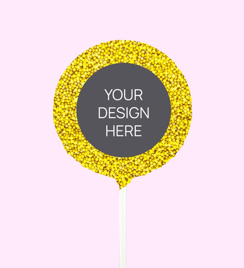 Creamy Belgian chocolate (available in 3 variants - dark, milk or white) round pop covered in colourful yellow sprinkles, customised with your uploaded design for a unique and thoughtful gift.