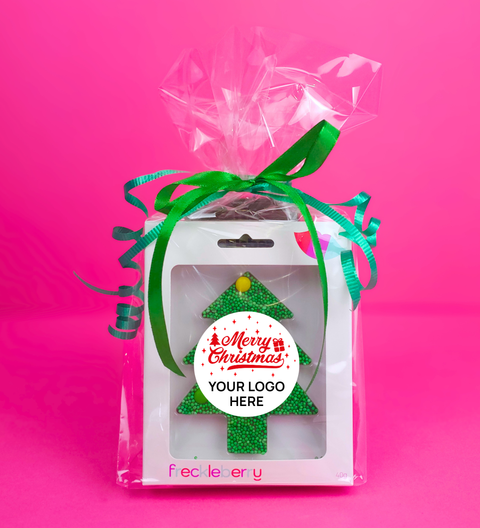 Christmas Trio Gift Bag with Belgian chocolate tree, block & milk chocolate coated raspberries — beautifully wrapped & ready to gift.