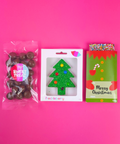 Christmas Trio Gift Bag with Belgian chocolate tree, block & milk chocolate coated raspberries — beautifully wrapped & ready to gift.
