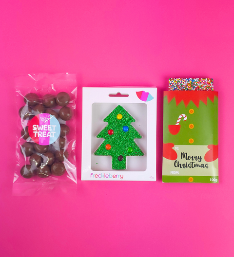 Christmas Trio Gift Bag with Belgian chocolate tree, block & milk chocolate coated raspberries — beautifully wrapped & ready to gift.