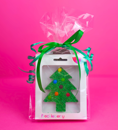 Christmas Trio Gift Bag with Belgian chocolate tree, block & milk chocolate coated raspberries — beautifully wrapped & ready to gift.