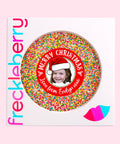 Creamy Belgian milk chocolate with colourful sprinkles, customised with a festive Santa hat design and personalised text perfect for holiday gifting.