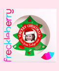 Premium Belgian milk chocolate christmas tree topped with lollies, customised with a festive Santa hat sticker/design and personalised more with uploaded photo for holiday cheer.