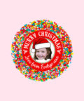 Creamy Belgian milk chocolate with colourful sprinkles, customised with a festive Santa hat design and personalised text for holiday gifting.