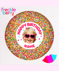 Creamy Belgian white chocolate with freckles/sprinkles, customised with a photo and name for a memorable birthday gift