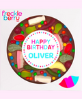 Premium Belgian milk chocolate pizza topped with lollies, customised with a name for the perfect birthday celebration.