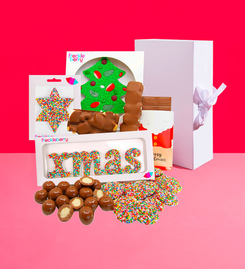 Personalised Luxury 'Christmas Favourites' Chocolate Hamper - Luxury Gloss White Hamper Gift Box, Personalised Christmas Labelling, Christmas Giant Lolly Tree or Freckle Tree, Freckle Star - Merry Christmas, Freckle Word - Xmas, Milk Rocky Road, Christmas Sleeve Plain Milk Chocolate Block, 150g Milk Chocolate Freckles, 150g Milk Chocolate Coated Macadamias, Mallow Pop