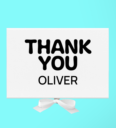 Plain white hamper box with black "Thank You" message and can upload recipient's name. 