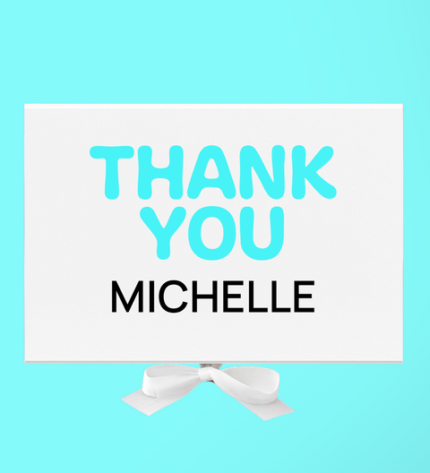 Plain white hamper box with blue "Thank You" message and can upload recipient's name. 