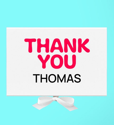 Plain white hamper box with red "Thank You" message and can upload recipient's name. 