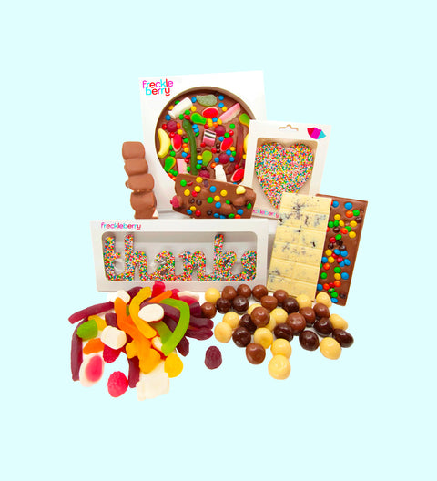 Personalised Luxury 'Thank You' Chocolate Hamper Box - Thank You Giant Freckle or Pizza, Freckle Heart, Thanks Word, Fun Rocky Road, Mini M&M Block, Cookies and Cream Block, Lolly Jumble, Mixed Chocolate Raspberries, Mallow Pop