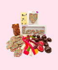 Personalised Luxury 'With Love' Chocolate Hamper - Custom Text - Hamper, inclusions:

1 x Personalised Labelling
1 x Luxury White Gloss Hamper Gift Box
1 x Freckle Heart – Milk Chocolate
1 x Freckle Word Love – Milk Chocolate
1 x Cookies &amp; Cream White Belgian Chocolate Block
1 x 200g Milk Chocolate Freckles
1 x 130g Milk Chocolate Freeze-Dried Strawberries
1 x 200g Lolly Jumble
1 x Milk Rocky Road