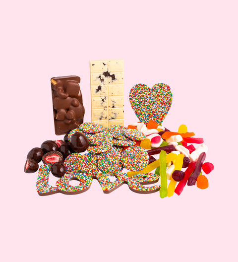Personalised Luxury 'With Love' Chocolate Hamper - Custom Text - Personalised labelling, Luxury White Gloss Hamper Gift Box, Freckle Heart - Milk Chocolate, Freckle Word - Love - Milk Chocolate, Cookies and Cream White Belgian Chocolate Block, 200g Milk Chocolate Freckles, 130g Milk Chocolate Freeze Dried Strawberries, 200g Lolly Jumble, Milk Rocky Road