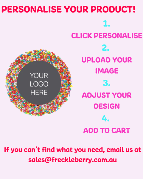 Promotional graphic for personalizing a product with a colorful design and text instructions on a pink background.