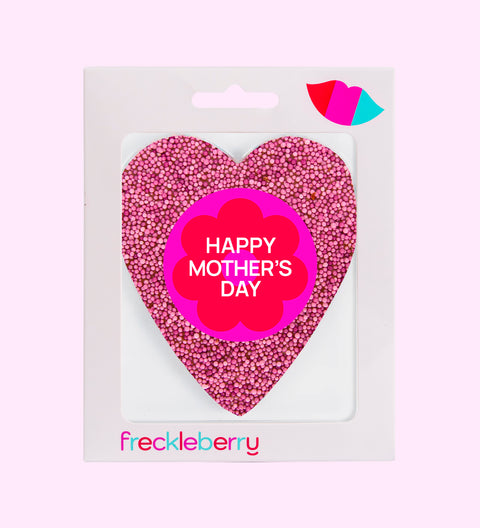 Premium Belgian milk chocolate heart topped with colourful pink sprinkles, finished with a cheerful Happy Mother's Day design – a sweet Mother’s Day gift.