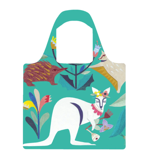 RO x Andrea Smith Wild Natives Reusable Shopping Bag. Ruby Olive Reusable shopping bag with kangaroo and floral design on a teal background