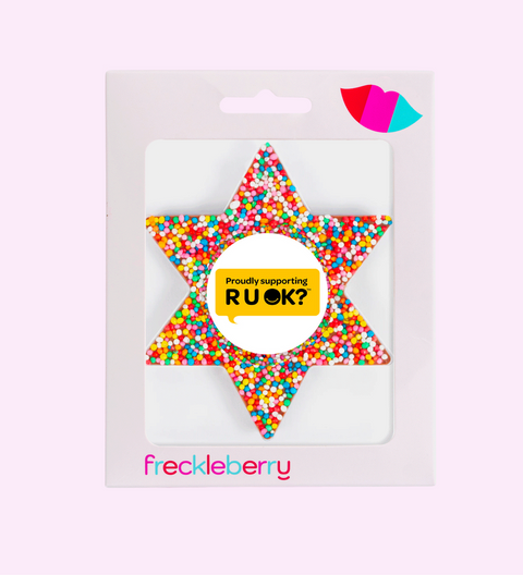 Premium Belgian chocolate (available in 3 variants - dark, white or milk) - RUOK fundraising chocolate star. Freckle star for fundraising money for mental health.