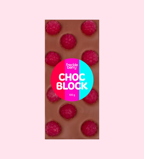 Premium Belgian chocolate block with juicy raspberry pieces – a fruity and decadent treat.