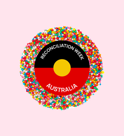 Creamy Belgian chocolate (available in 3 variants - dark, milk or white) topped with colourful multi sprinkles - a sweet way to honour and support Reconciliation Week.