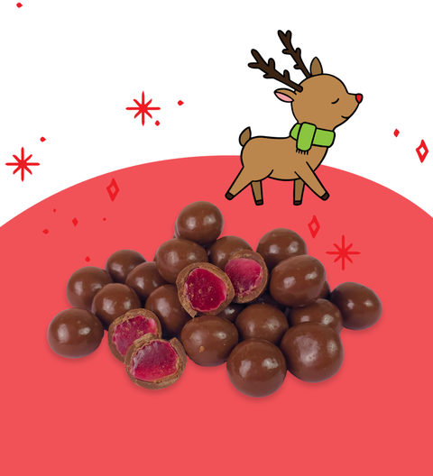 Handmade tangy raspberries coated in Belgian milk chocolate - perfect novelty present.