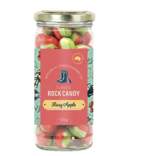 Rosy Apple rock candy with crisp apple flavour and red & green swirls. Made in Australia, nut and gluten free, beautifully jarred for gifting.