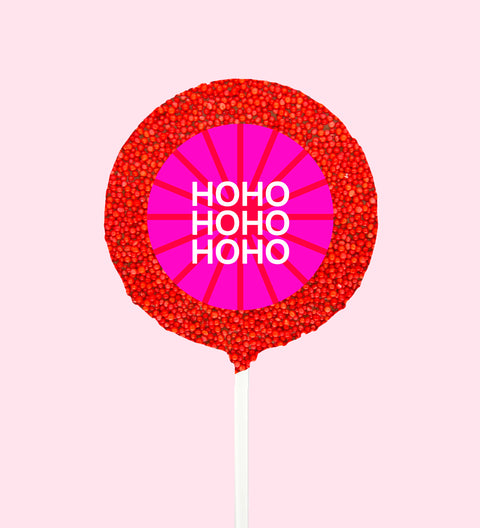 Creamy Belgian chocolate pop (available in 3 variants - dark, milk or white) covered in red sprinkles with "HoHoHo" label/design, a festive and fun treat for the holiday season.