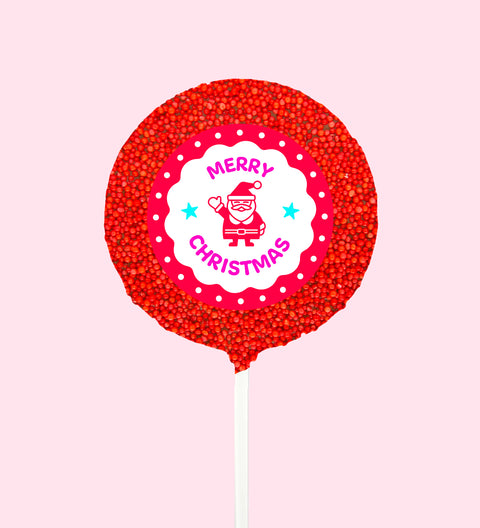 Creamy Belgian chocolate pop (available in 3 variants - dark, milk or white) covered in red sprinkles with "Merry Christmas - Santa" label/design, a festive and fun treat for the holiday season.