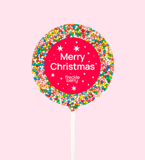 Premium Belgian chocolate (available in 3 variants - dark, milk or white) pops covered in colourful sprinkles with "Merry Christmas - Stars" design/label, a cheerful and tasty festive gift.