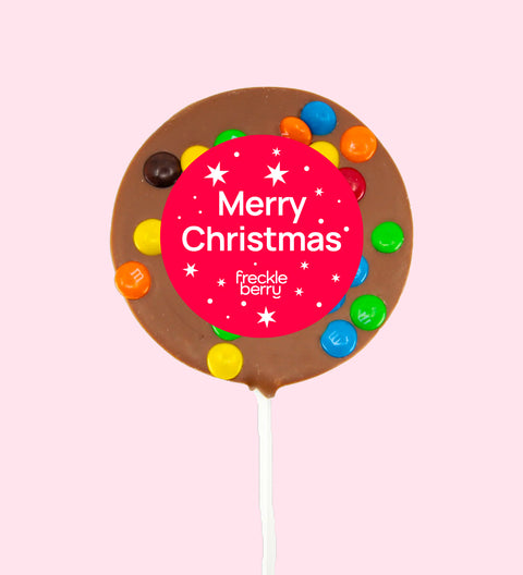 Creamy Belgian chocolate (available in 3 variants - dark, milk or white) pop topped with colourful M&M®s with "Merry Christmas - Stars" sticker, a fun and festive treat for the holiday season