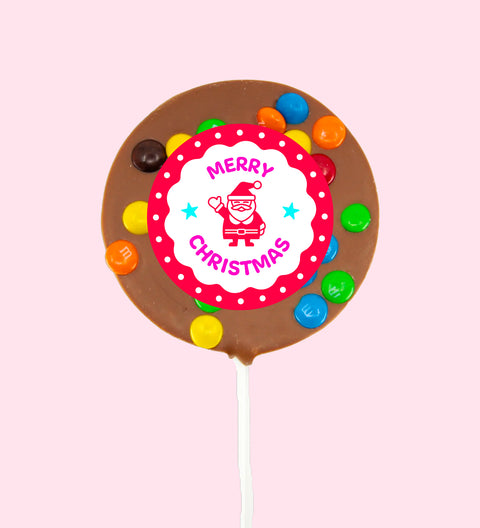 Creamy Belgian chocolate (available in 3 variants - dark, milk or white) pop topped with colourful M&M®s with "Merry Christmas - Santa" sticker, a fun and festive treat for the holiday season