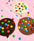 Premium Belgian dark, milk and white chocolate pops with colourful M&Ms