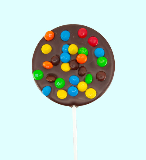 Creamy Belgian dark chocolate pop topped with colourful M&M®s - a fun and tasty way to celebrate special occasions.
