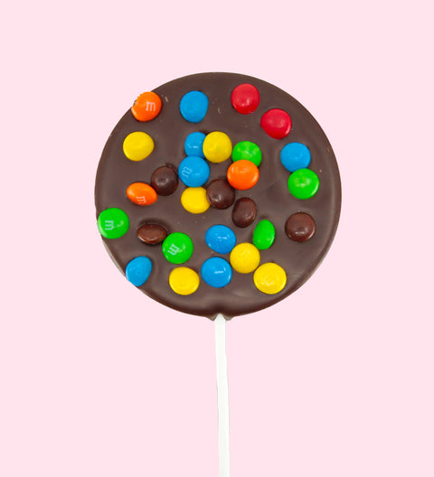 Creamy Belgian dark chocolate pop topped with colourful M&M®s , a fun and festive treat for all occasions.