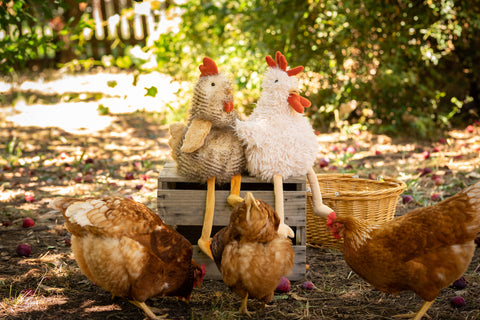 Fluffy rooster plush toy, Roy the Rooster - he just cannot help but roll his eyes at the young farm animals. 