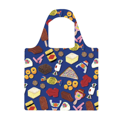 Ruby Olive reuseable bags Reusable shopping bag with colorful food pattern on a blue background