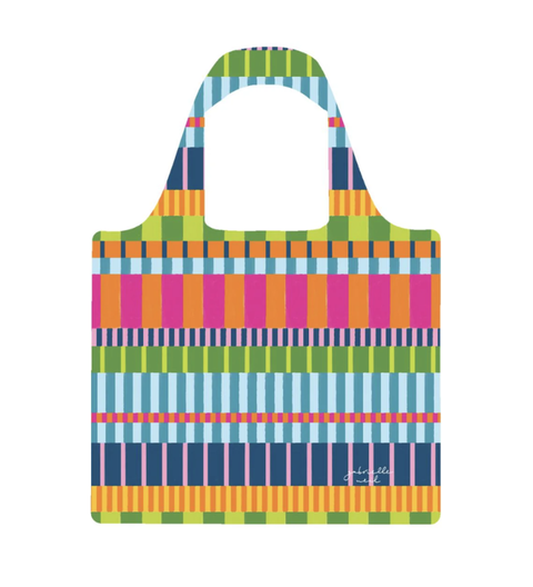 Colorful striped tote bag on a white background. Ruby Olive bags