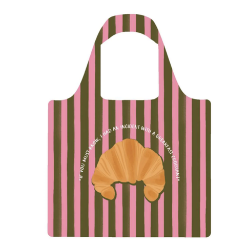 Striped tote bag with a croissant illustration and text on a white reuseable bags Ruby Olive