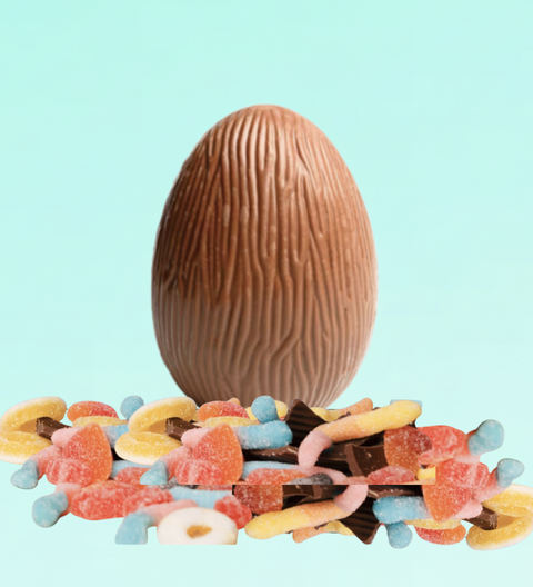 Milk Chocolate Easter Egg with Sour lollies inside. Smash easter egg. 