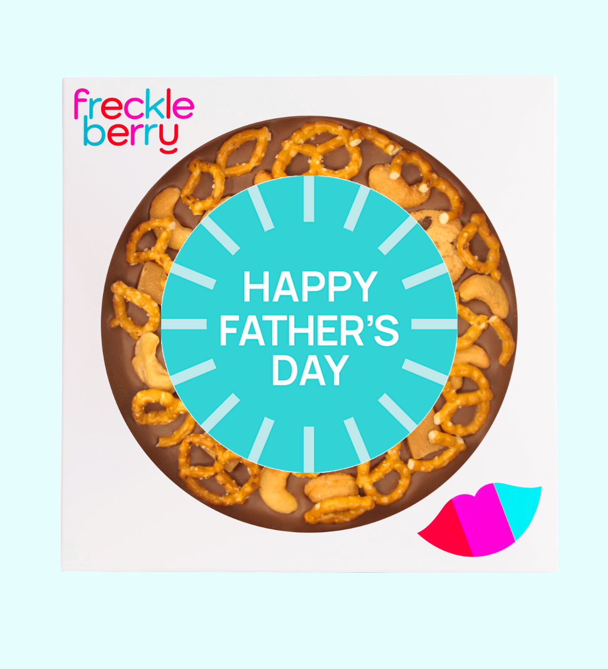 A fun giant Belgian milk chocolate pizza topped with pretzels, chocolate chip cookies, caramel fudge, and salted cashews with "Happy Father's Day" label/design, the perfect festive treat to celebrate Father's Day.
