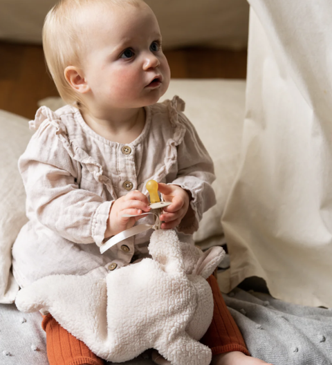 Hoochie Coochie Bunny comforter — an ultra-soft plush, hand puppet and baby sleep aid with dummy attachment. Perfect for soothing cuddles and gifting.