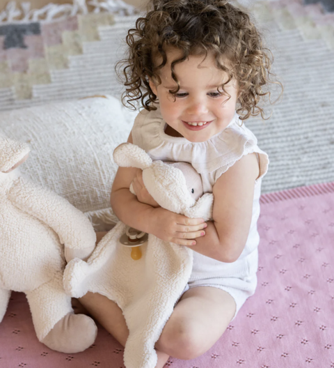 Hoochie Coochie Bunny comforter — an ultra-soft plush, hand puppet and baby sleep aid with dummy attachment. Perfect for soothing cuddles and gifting.
