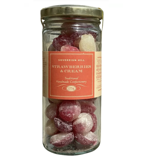 Sovereign Hill Strawberries & Cream Boiled Lollies 175g – sweet strawberry and creamy flavour in a nostalgic, traditional hard lolly. Perfect for gifting.