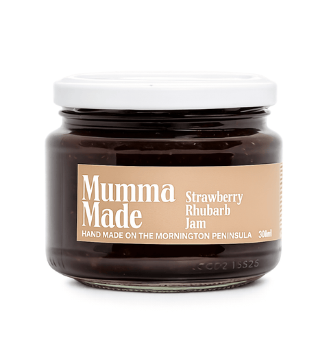 A 200ml glass jar of Mumma Made Strawberry Rhubarb Jam with a white lid and a tan label, shown on a white background.