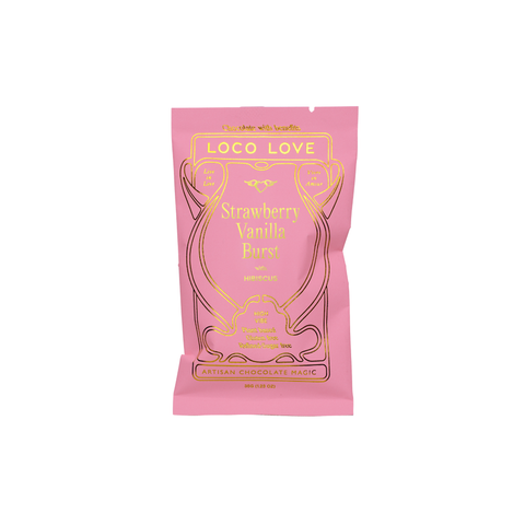 A pink stand-up pouch of Loco Love Strawberry Vanilla Burst chocolate mix, featuring gold foil text and decorative line art, set against a plain white background.