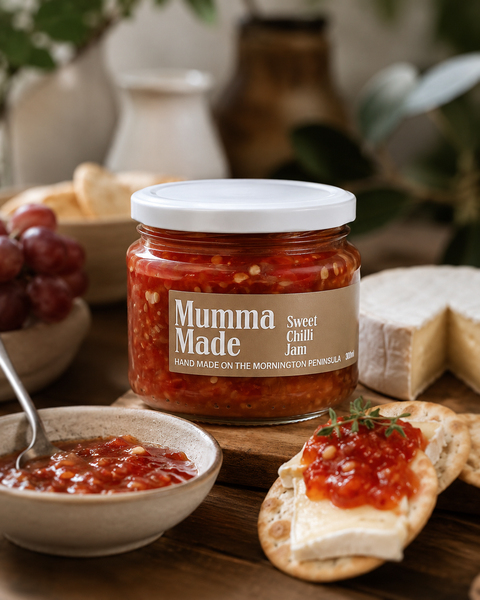 A jar of 'Mumma Made' Sweet Chili Jam is displayed on a wooden table with food props including crackers, cheese, grapes, and a small bowl of jam, set against a softly blurred background.