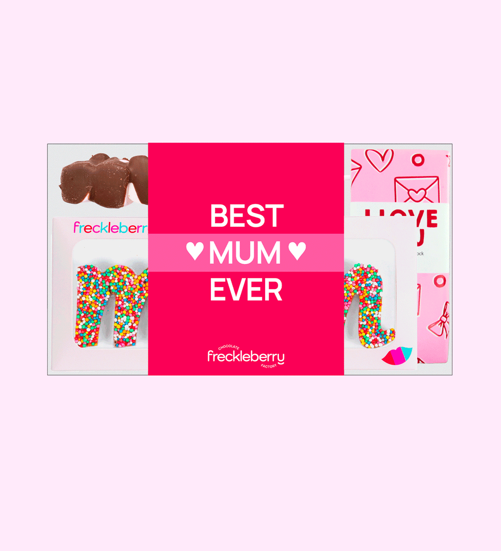 Sweetest Mum Gift Box, filled with premium Belgian chocolate treats with Best Mum Ever label – a delicious way to show your love and appreciation.