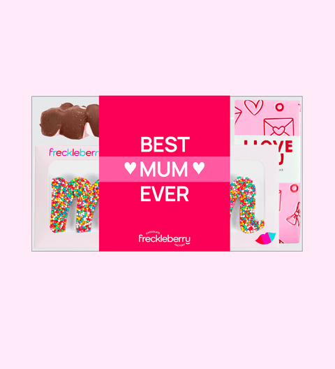 Sweetest Mum Gift Box, filled with premium Belgian chocolate treats with Best Mum Ever label – a delicious way to show your love and appreciation.