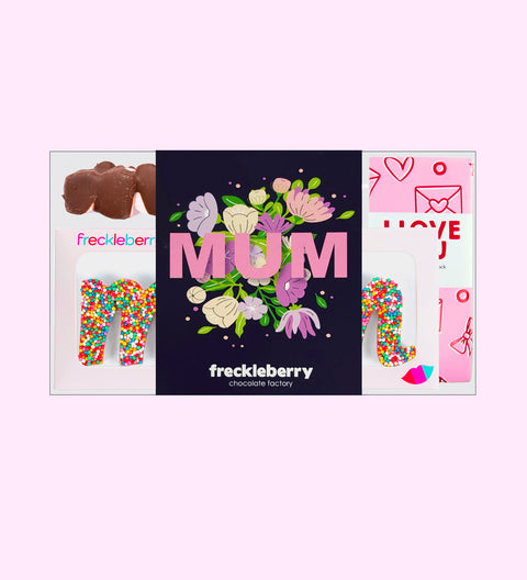 Sweetest Mum Gift Box, filled with premium Belgian chocolate treats with Mum and flowers label – a delicious way to show your love and appreciation. Inclusions:

100g Milk Chocolate Message Block
150g Milk Rocky Road
40g Freckle Tulip
60g Marshmallow Pop
60g Chocolate “Mum” Word