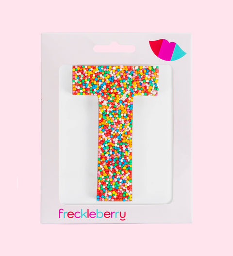 Belgian chocolate letter T 40g with rainbow sprinkles