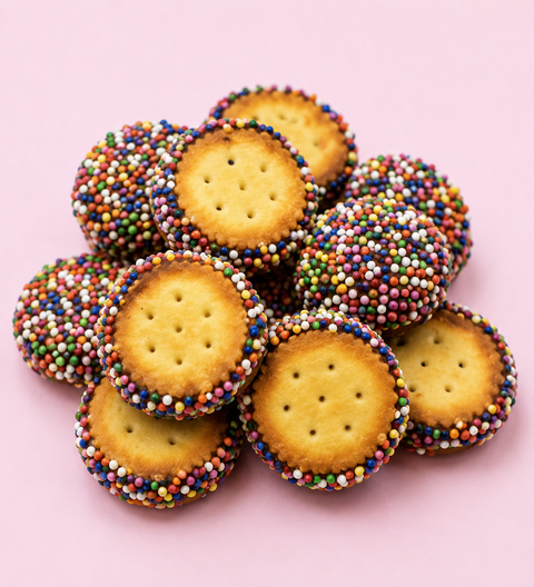 Biscuits with colorful sprinkles on a pink background